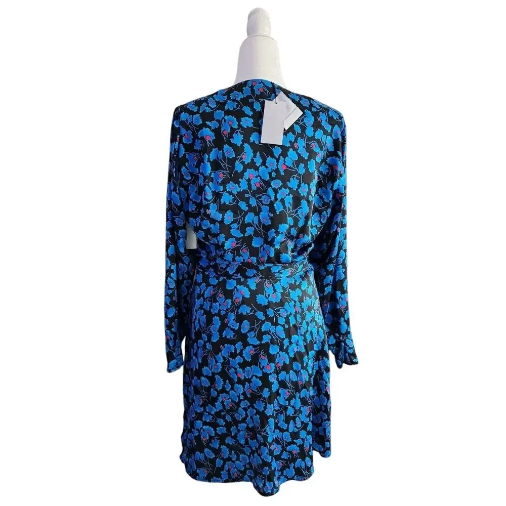 Equipment Femme Womens Blue Black Floral V-Neck Empire Waist Shift Dress NWT L - Picture 4 of 13